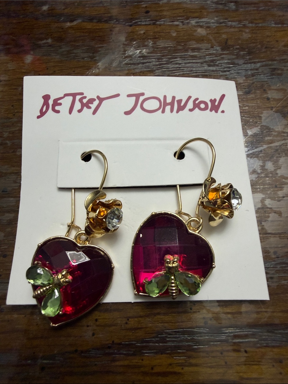 Betsey Johnson Fuchsia Heart Drop Earrings with Green Bee Accents